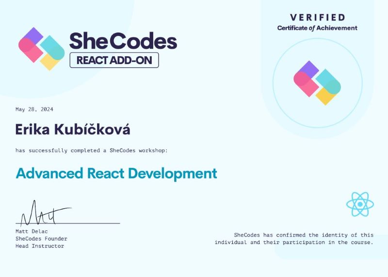 Certificate SheCodes React ADD-ON | Erika Kubíčková